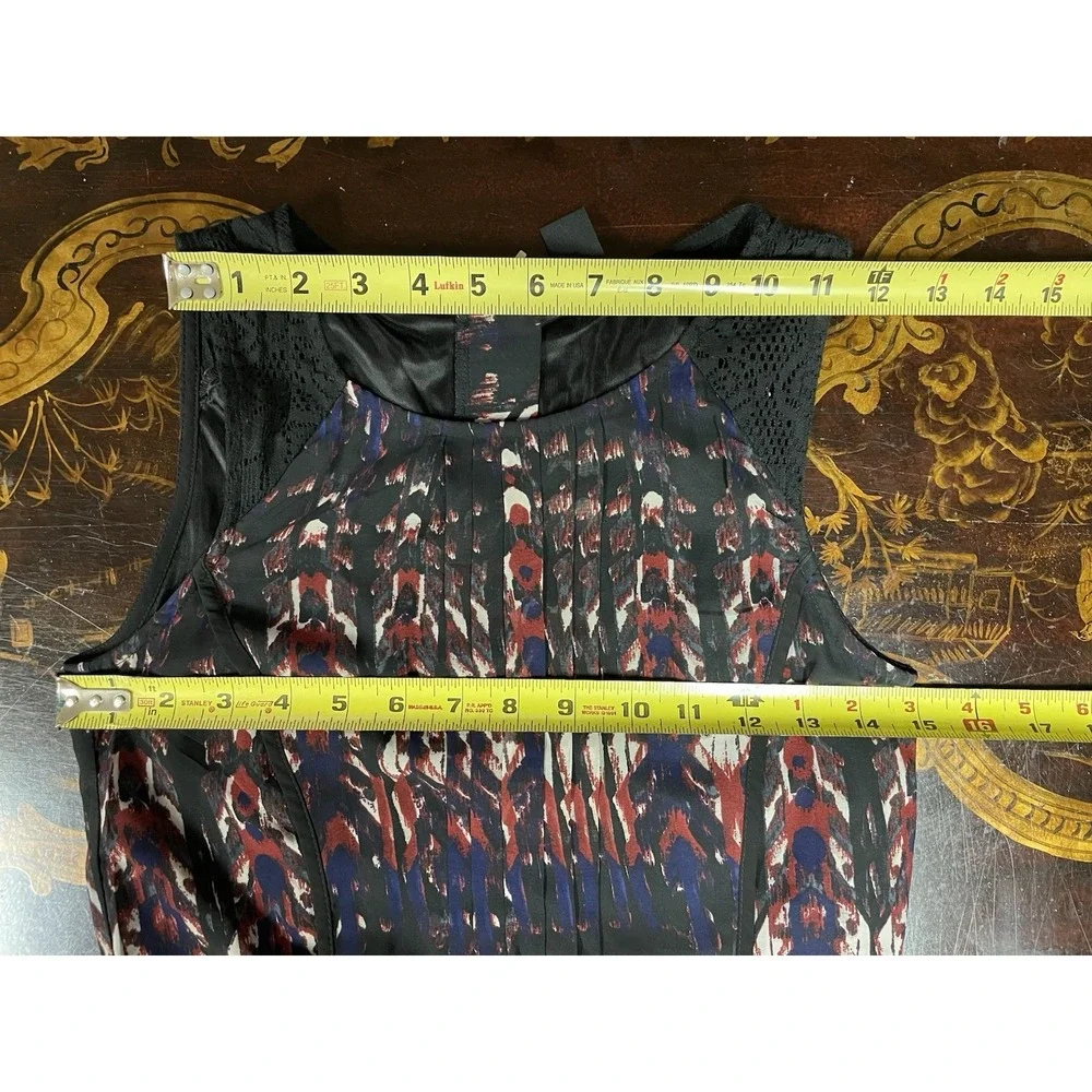 H & M Red Blue Black Lace Ikat Sleeveless Maxi Dress Pleats Slits Boho Artsy 2 - Picture 8 of 11